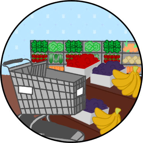 a grocery store scene with a shopping cart, tables and rows of produce, the whole scene is inside a circle.
